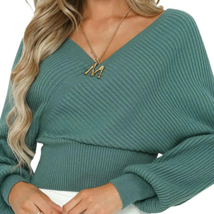 Women's Winter Solid Color Long Sleeve V-Neck Off-Shoulder Knitted Sweater
