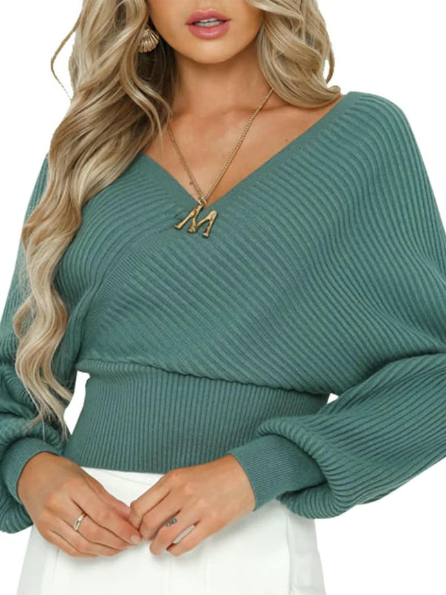 Women's Winter Solid Color Long Sleeve V-Neck Off-Shoulder Knitted Sweater