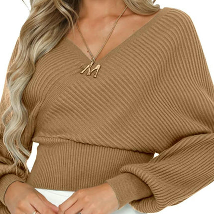 Women's Winter Solid Color Long Sleeve V-Neck Off-Shoulder Knitted Sweater