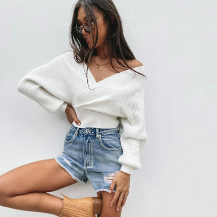 Women's Winter Solid Color Long Sleeve V-Neck Off-Shoulder Knitted Sweater