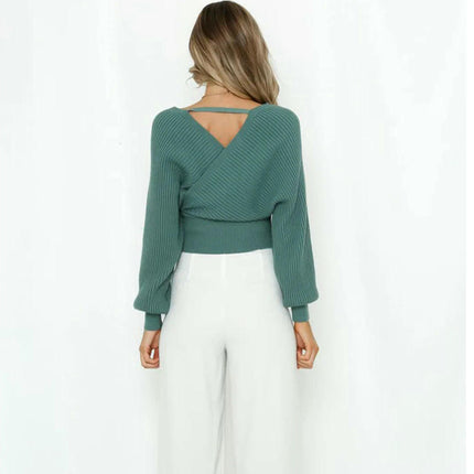 Women's Winter Solid Color Long Sleeve V-Neck Off-Shoulder Knitted Sweater