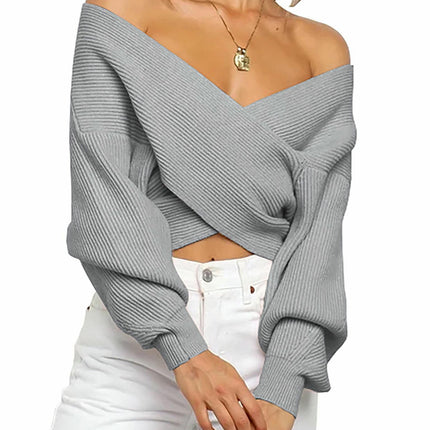 Women Casual V Neck Long Sleeve Sweaters Cross Wrap Off Shoulder Knitted Crop Sweater