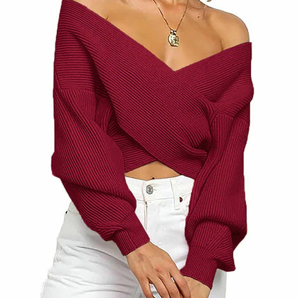 Women Casual V Neck Long Sleeve Sweaters Cross Wrap Off Shoulder Knitted Crop Sweater