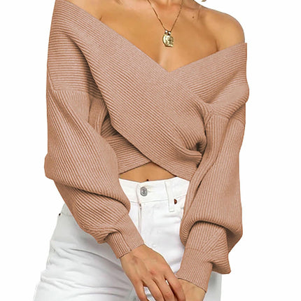 Women Casual V Neck Long Sleeve Sweaters Cross Wrap Off Shoulder Knitted Crop Sweater