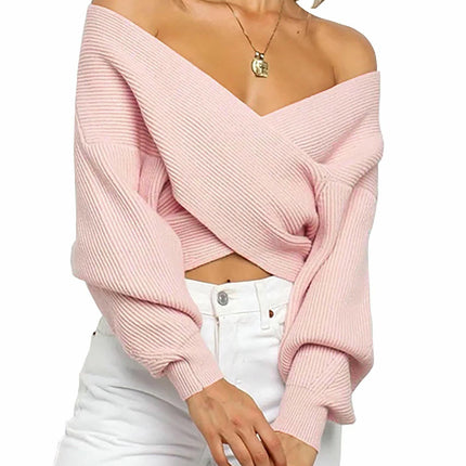 Women Casual V Neck Long Sleeve Sweaters Cross Wrap Off Shoulder Knitted Crop Sweater