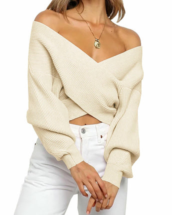 Women Casual V Neck Long Sleeve Sweaters Cross Wrap Off Shoulder Knitted Crop Sweater