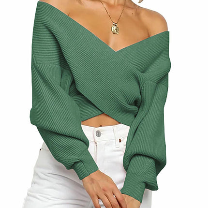 Women Casual V Neck Long Sleeve Sweaters Cross Wrap Off Shoulder Knitted Crop Sweater