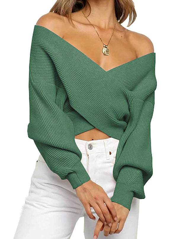 Women Casual V Neck Long Sleeve Sweaters Cross Wrap Off Shoulder Knitted Crop Sweater