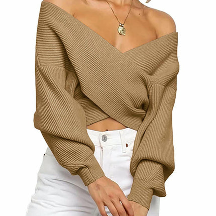 Women Casual V Neck Long Sleeve Sweaters Cross Wrap Off Shoulder Knitted Crop Sweater