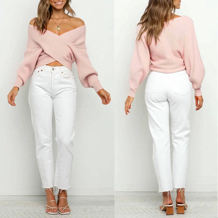 Women Casual V Neck Long Sleeve Sweaters Cross Wrap Off Shoulder Knitted Crop Sweater