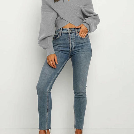 Women Casual V Neck Long Sleeve Sweaters Cross Wrap Off Shoulder Knitted Crop Sweater