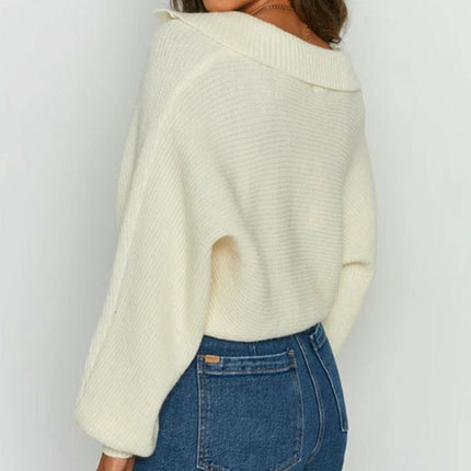 Women's Oversized Puff Sleeves Long Sleeve V-Neck Knit Pullover Sweater Top