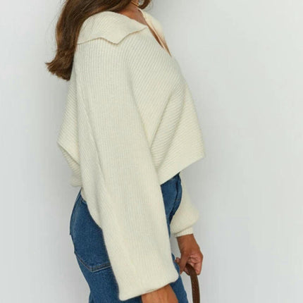 Women's Oversized Puff Sleeves Long Sleeve V-Neck Knit Pullover Sweater Top