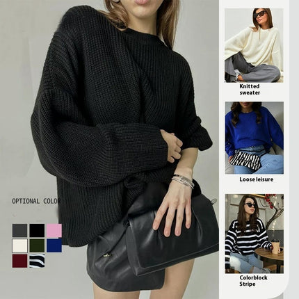 Women's Crew Neck Sweater Loose Casual Long Sleeve Pullover Ribbed Knit Cardigan