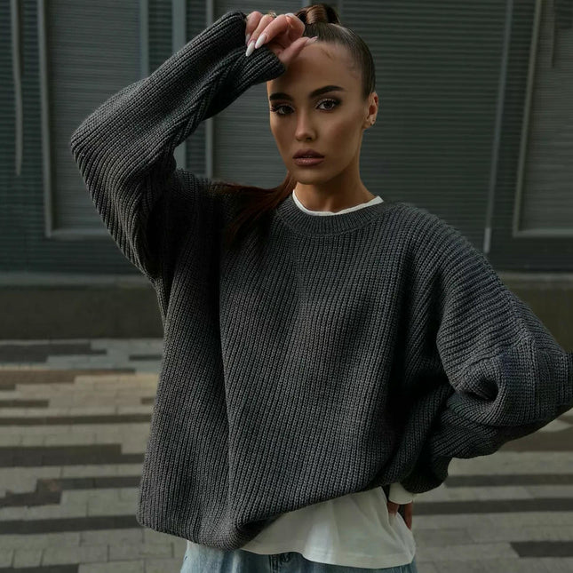 Women's Crew Neck Sweater Loose Casual Long Sleeve Pullover Ribbed Knit Cardigan