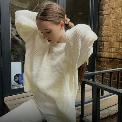 Women's Crew Neck Sweater Loose Casual Long Sleeve Pullover Ribbed Knit Cardigan