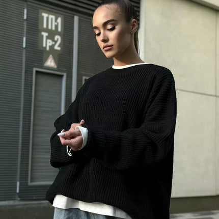 Women's Crew Neck Sweater Loose Casual Long Sleeve Pullover Ribbed Knit Cardigan