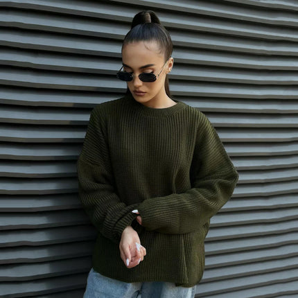 Women's Crew Neck Sweater Loose Casual Long Sleeve Pullover Ribbed Knit Cardigan