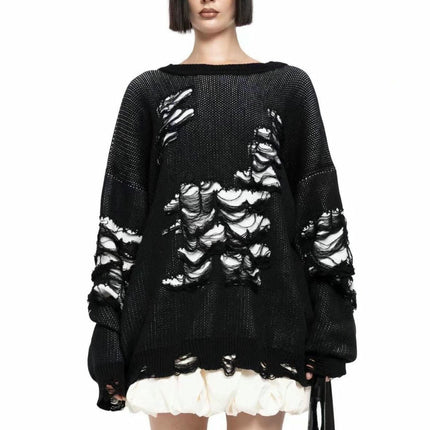 Wasteland Style Casual Loose Tattered Sweater Women's Pullover Long Sleeve Top