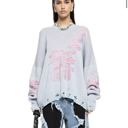 Wasteland Style Casual Loose Tattered Sweater Women's Pullover Long Sleeve Top