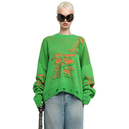 Wasteland Style Casual Loose Tattered Sweater Women's Pullover Long Sleeve Top