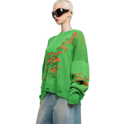 Wasteland Style Casual Loose Tattered Sweater Women's Pullover Long Sleeve Top