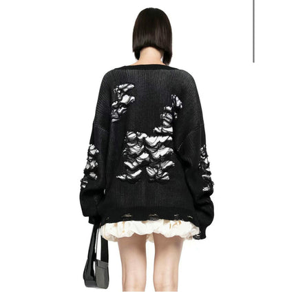 Wasteland Style Casual Loose Tattered Sweater Women's Pullover Long Sleeve Top