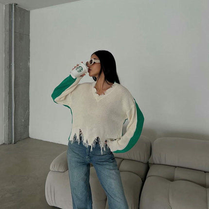 Women's V-neck Contrast Color Long Sleeve Tattered Raw Edge Knitted Pullover Sweater