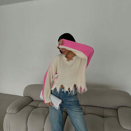 Women's V-neck Contrast Color Long Sleeve Tattered Raw Edge Knitted Pullover Sweater
