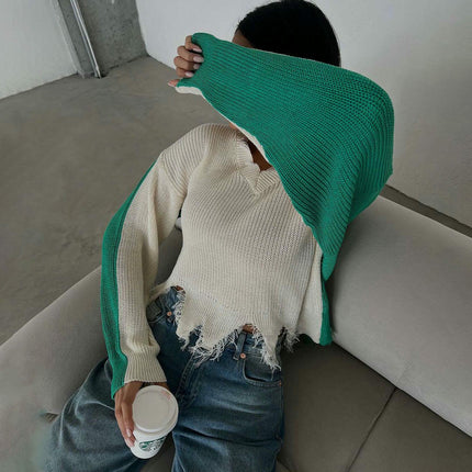 Women's V-neck Contrast Color Long Sleeve Tattered Raw Edge Knitted Pullover Sweater