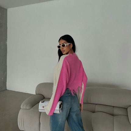 Women's V-neck Contrast Color Long Sleeve Tattered Raw Edge Knitted Pullover Sweater