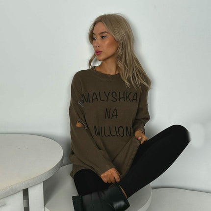 Women's Letter Hole Round Neck Pullover Sweater Long Sleeve Pin Decoration Top