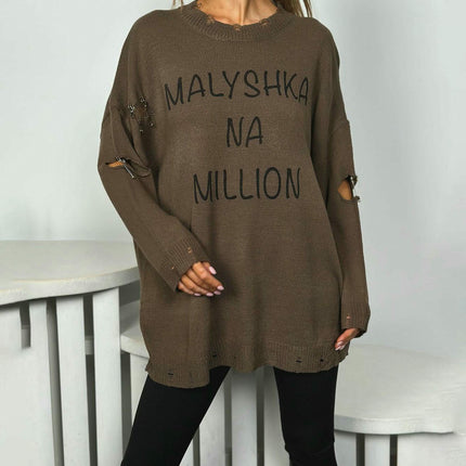 Women's Letter Hole Round Neck Pullover Sweater Long Sleeve Pin Decoration Top
