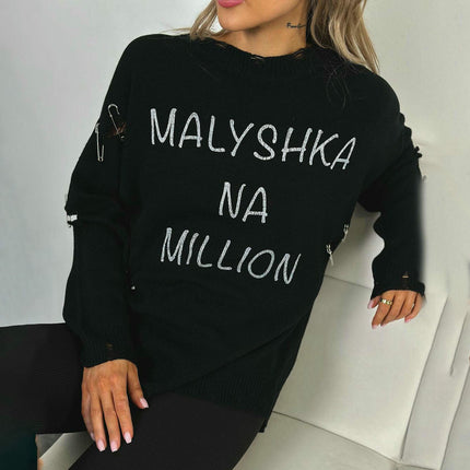 Women's Letter Hole Round Neck Pullover Sweater Long Sleeve Pin Decoration Top