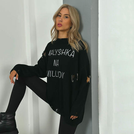 Women's Letter Hole Round Neck Pullover Sweater Long Sleeve Pin Decoration Top