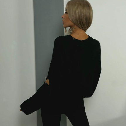 Women's Letter Hole Round Neck Pullover Sweater Long Sleeve Pin Decoration Top