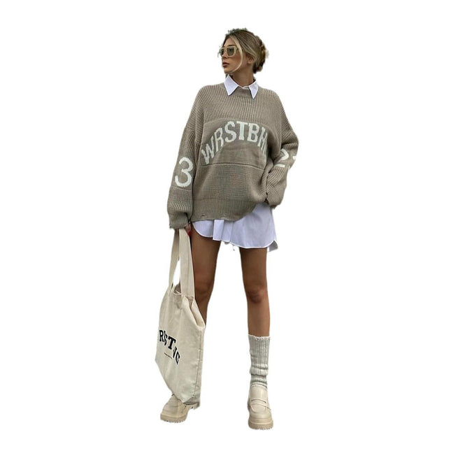 Round Neck Letter Sweater Women's Lazy Style Ribbed Pullover Loose Knit Cardigan