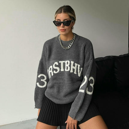 Round Neck Letter Sweater Women's Lazy Style Ribbed Pullover Loose Knit Cardigan
