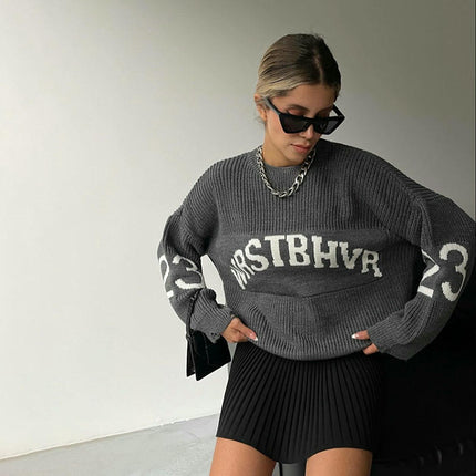 Round Neck Letter Sweater Women's Lazy Style Ribbed Pullover Loose Knit Cardigan