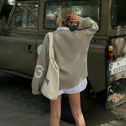 Round Neck Letter Sweater Women's Lazy Style Ribbed Pullover Loose Knit Cardigan