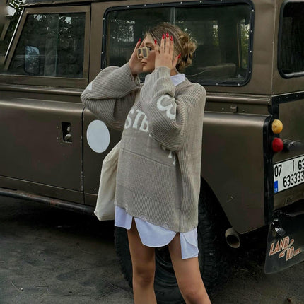 Round Neck Letter Sweater Women's Lazy Style Ribbed Pullover Loose Knit Cardigan