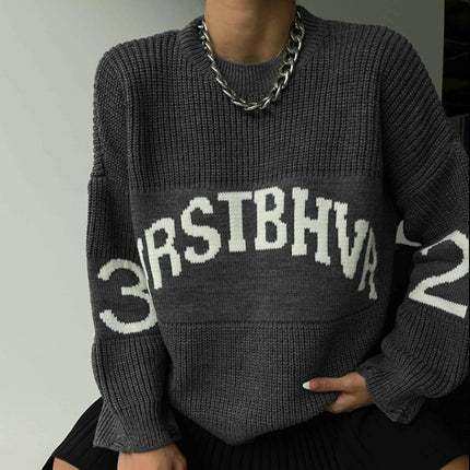 Round Neck Letter Sweater Women's Lazy Style Ribbed Pullover Loose Knit Cardigan