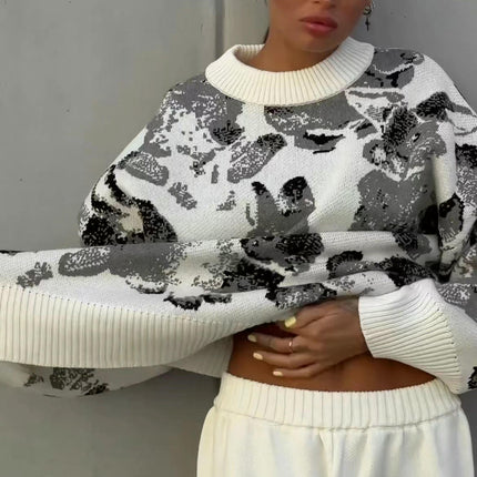 Women's Rabbit Pattern Loose Lazy Sweater Round Neck Long Sleeve Pullover Top