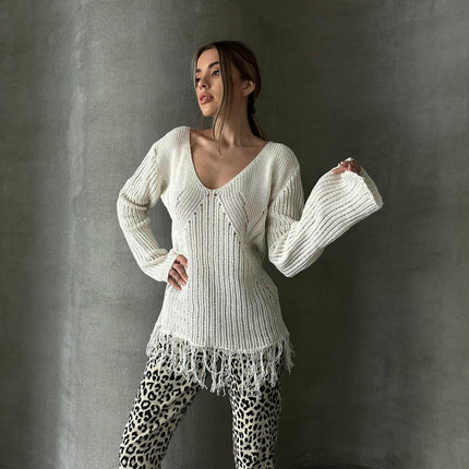 Tassel Mesh Blouse Loose V-neck Long Sleeve See-through T-shirt Knitted Tops Women