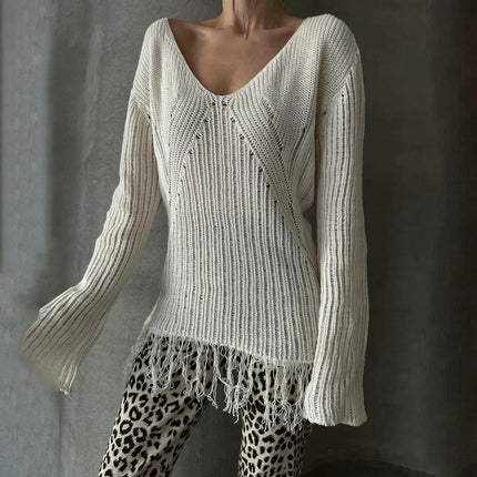 Tassel Mesh Blouse Loose V-neck Long Sleeve See-through T-shirt Knitted Tops Women