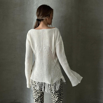 Tassel Mesh Blouse Loose V-neck Long Sleeve See-through T-shirt Knitted Tops Women