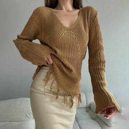 Tassel Mesh Blouse Loose V-neck Long Sleeve See-through T-shirt Knitted Tops Women