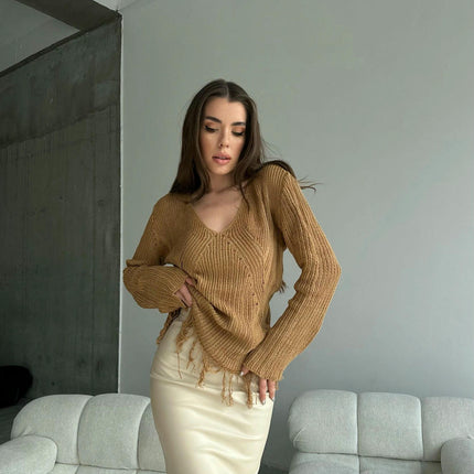 Tassel Mesh Blouse Loose V-neck Long Sleeve See-through T-shirt Knitted Tops Women