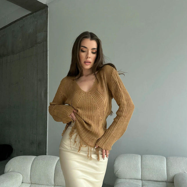 Tassel Mesh Blouse Loose V-neck Long Sleeve See-through T-shirt Knitted Tops Women