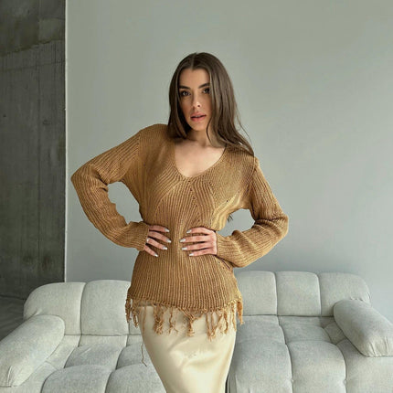 Tassel Mesh Blouse Loose V-neck Long Sleeve See-through T-shirt Knitted Tops Women